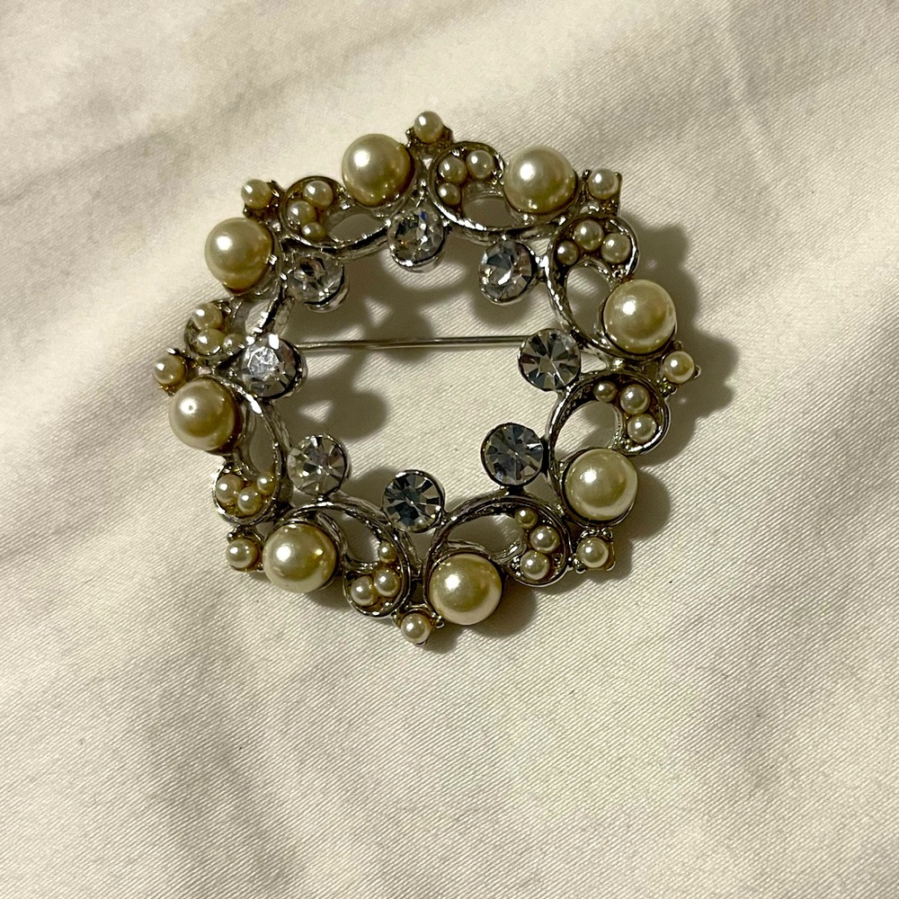 Vintage Silver, Pearl and Crystal Brooch